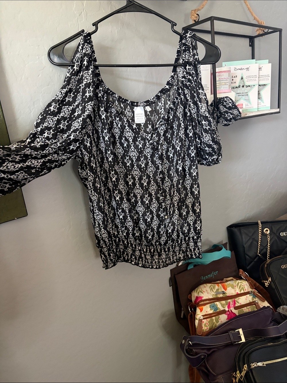 Papaya Black & White Cold-Shoulder Printed Blouse